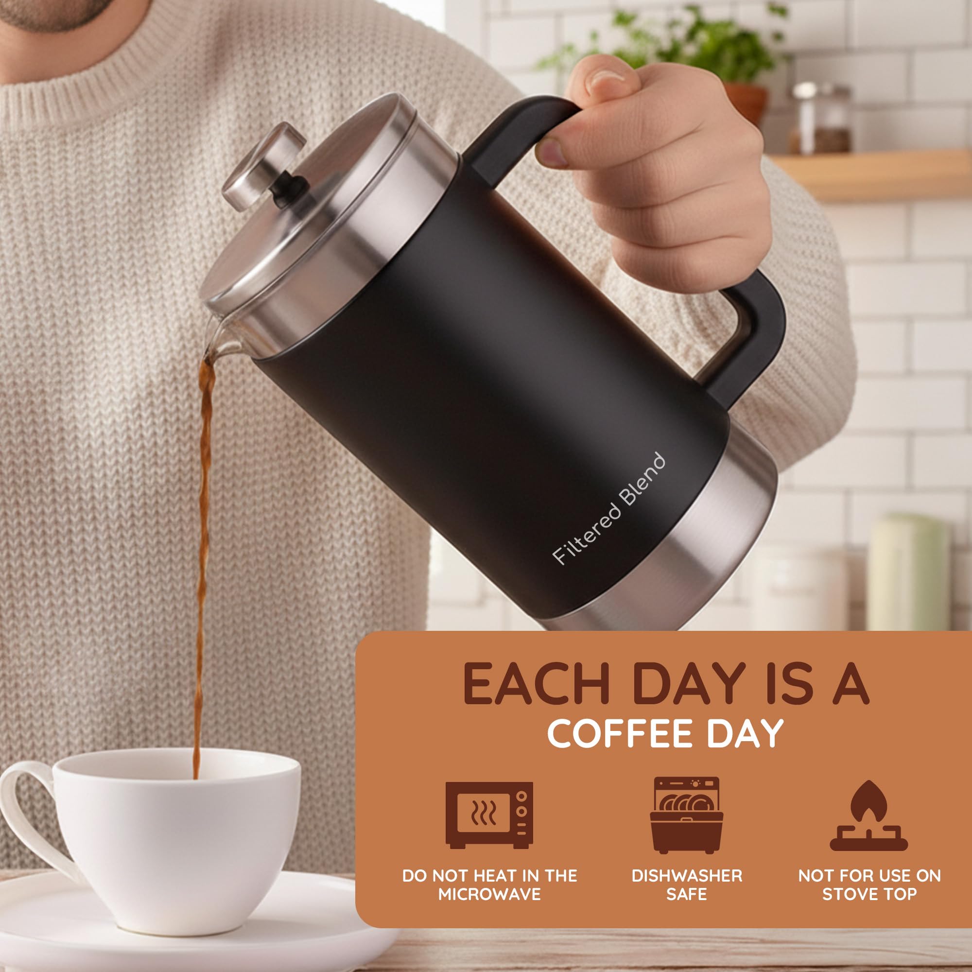 Filtered Blend 1.6L French Press Coffee Maker (Black) thumbnail 7