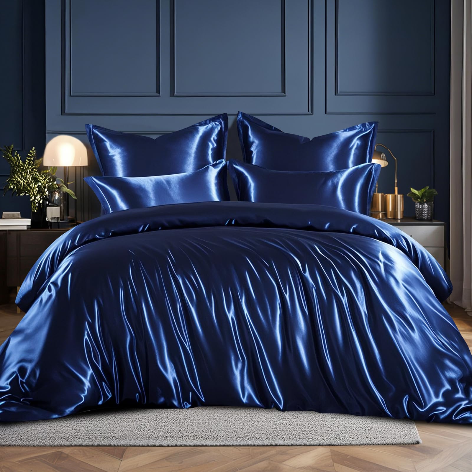 RUIKASI Satin Bedding Set King Size - Silky Duvet Cover Set for Hair and Skin, 3 Piece Duvet Set Quilt Cover with 2 Pillowcases, 230x220cm Navy Blue