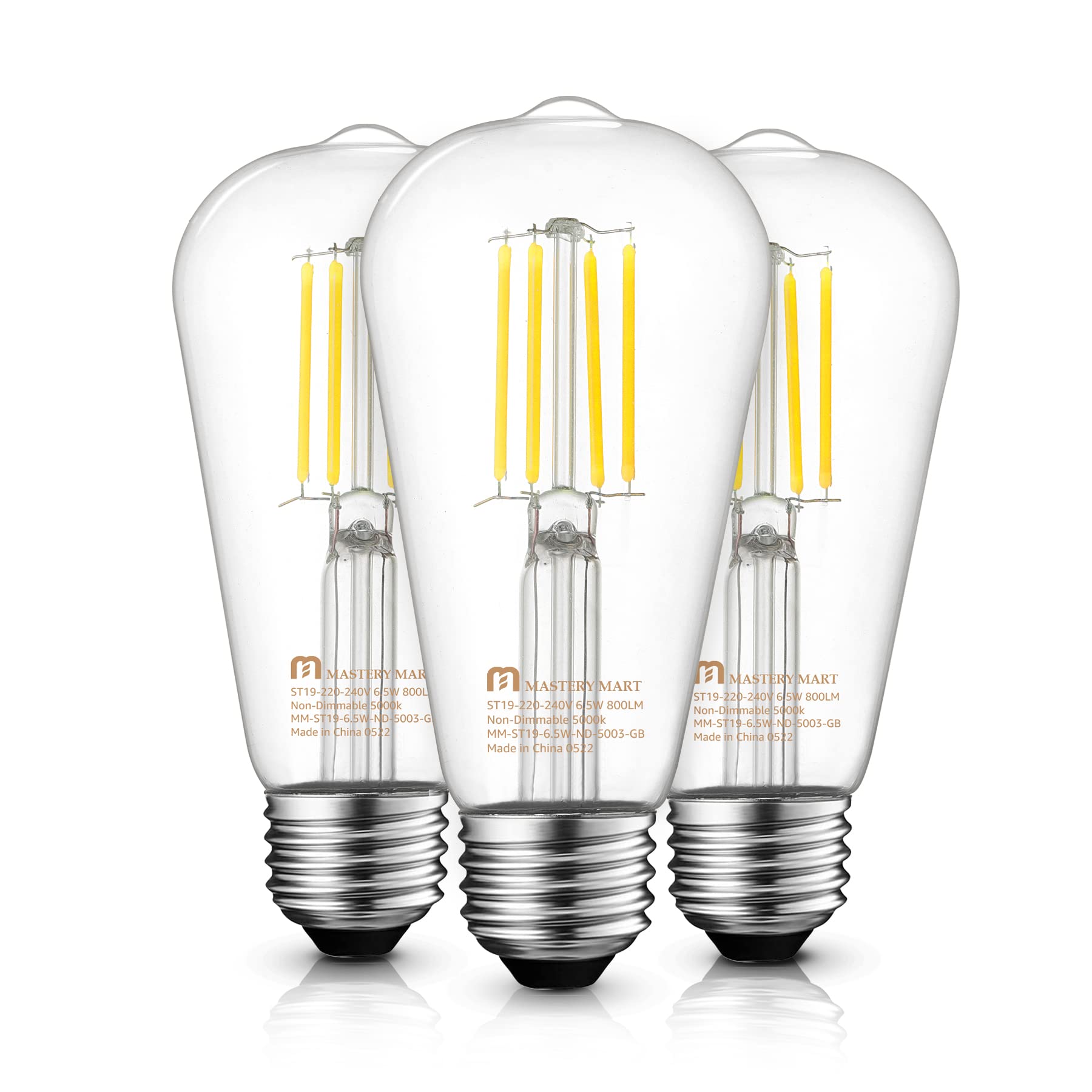 E27 Vintage Light Bulbs, Non-Dimmable, 5000K Daylight White, 6.5W 60W Equivalent, Glass ST64 Filament LED Bulb, Edison Screw Cap, 15000 Hours, 800 Lumens, Pack of 3
