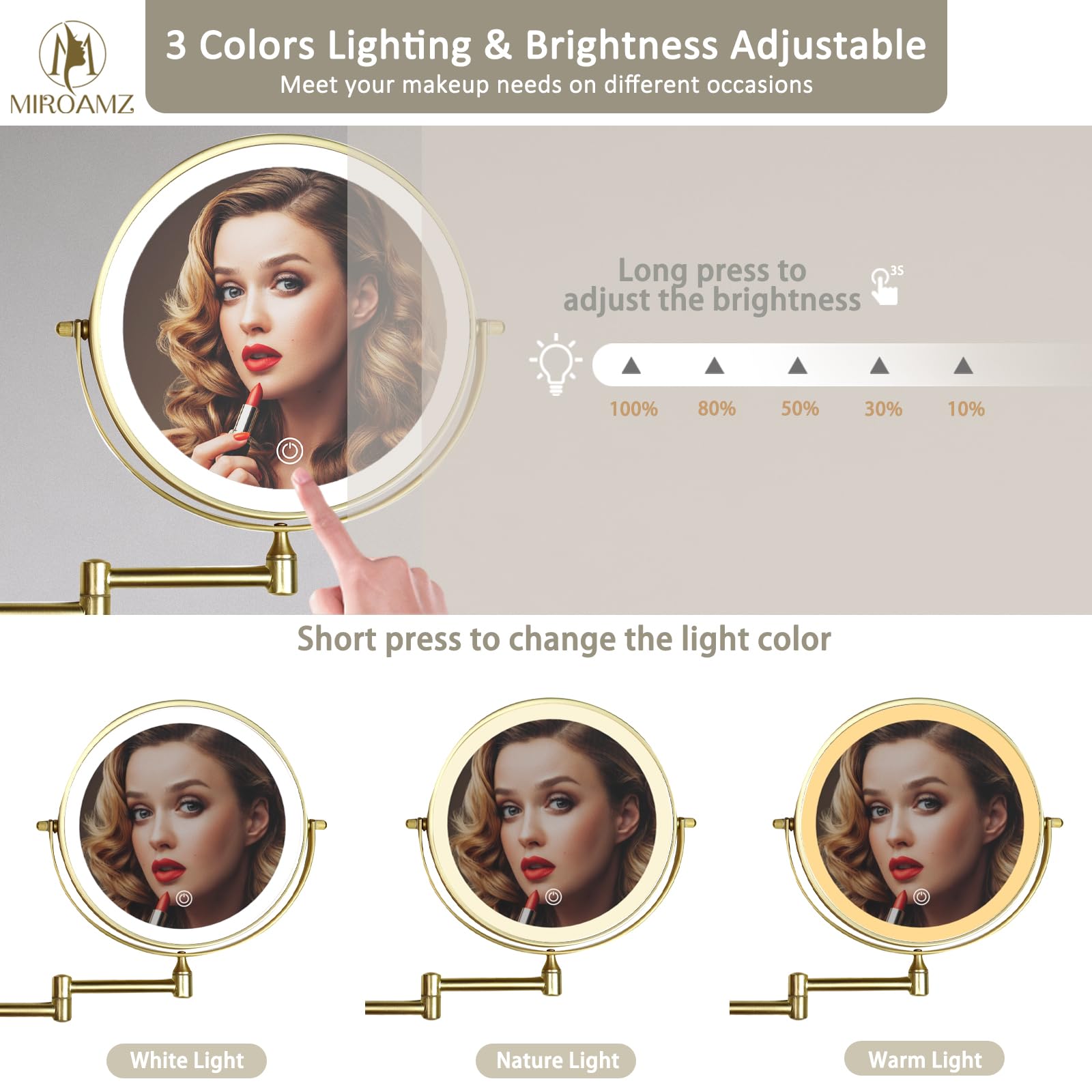 Miroir Maquillage Mural MIROAMZ - LED 20.3cm - Double Face 1X/10X - 3 Lumières