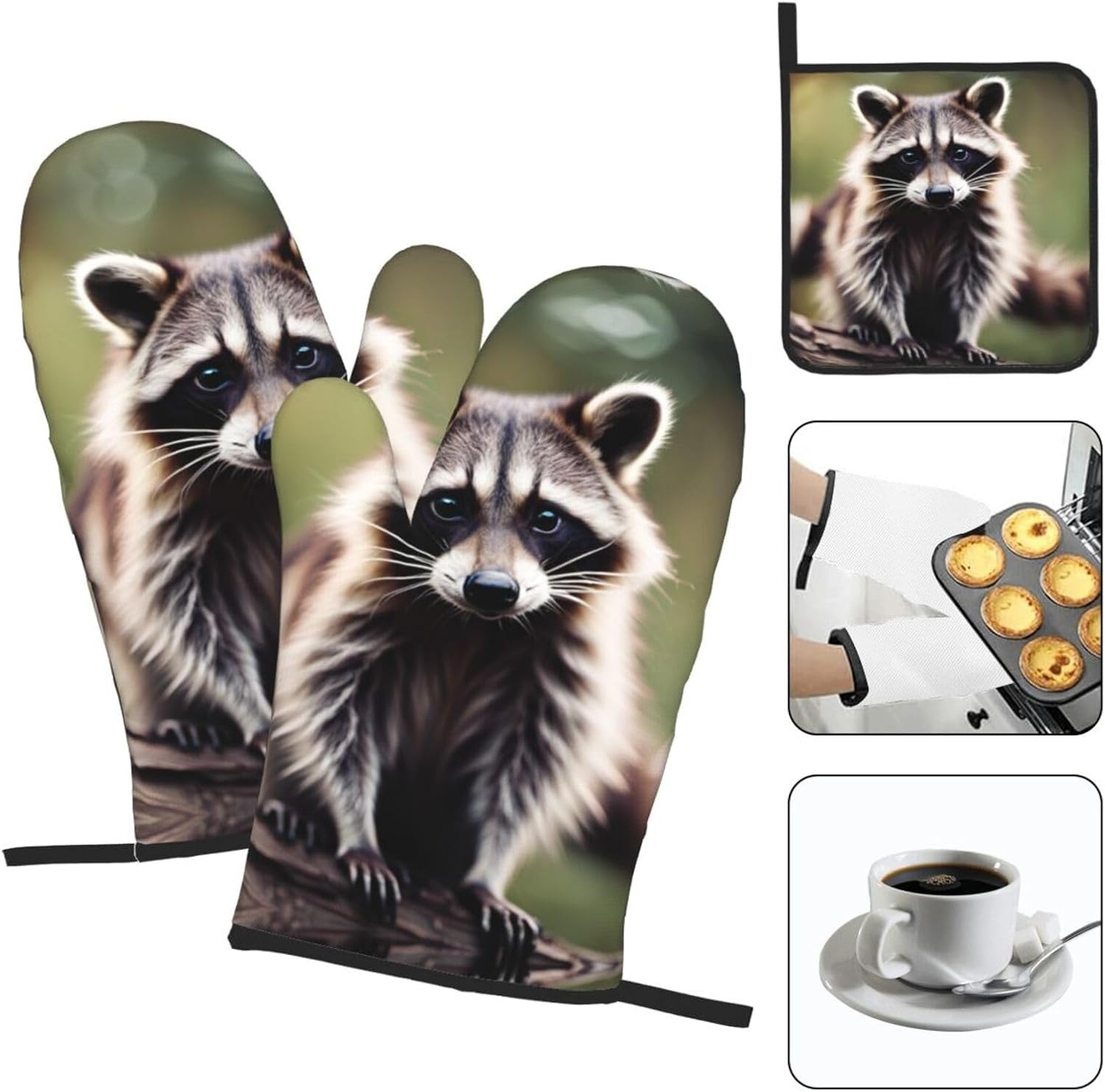 Cute Raccoon Print Heat Resistant Microwave Gloves, Used for Baking, Cooking, and Fashion Kitchen Essentials
