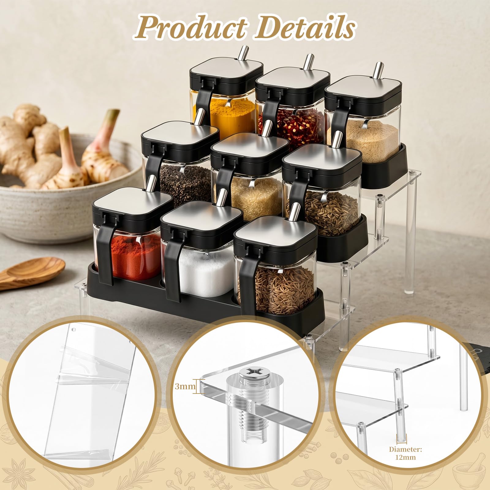 Gewürzbehälter-Set mit Deckel und Löffel, 244 ml, klares Glas, Gewürzbehälter-Set mit dreilagigem Acrylregal, Gewürzbox, Salz, Zuckerdose, für Küche, 3 Stück