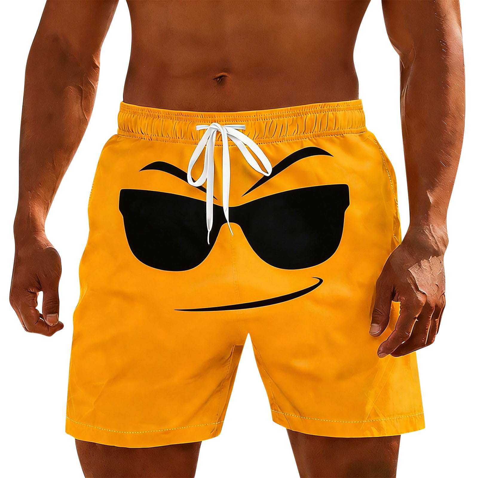 FOCLMP Mens Board Shorts Funny Face Frint Elastic Drawstring Waist Swim Trunk Summer Casual Beach Resort Stretch Bathing Suit