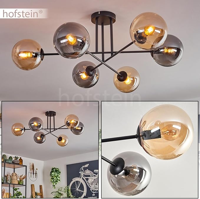 hofstein HOFSTEIN Plafondlamp Gastor, plafondlamp van metaal/glas in zwart/rookkleuren/barnsteenkleuren, lamp in modern retro/vintage design met kap van glas (Ø 15 cm), 6 x E14, zonder lamp photo 2