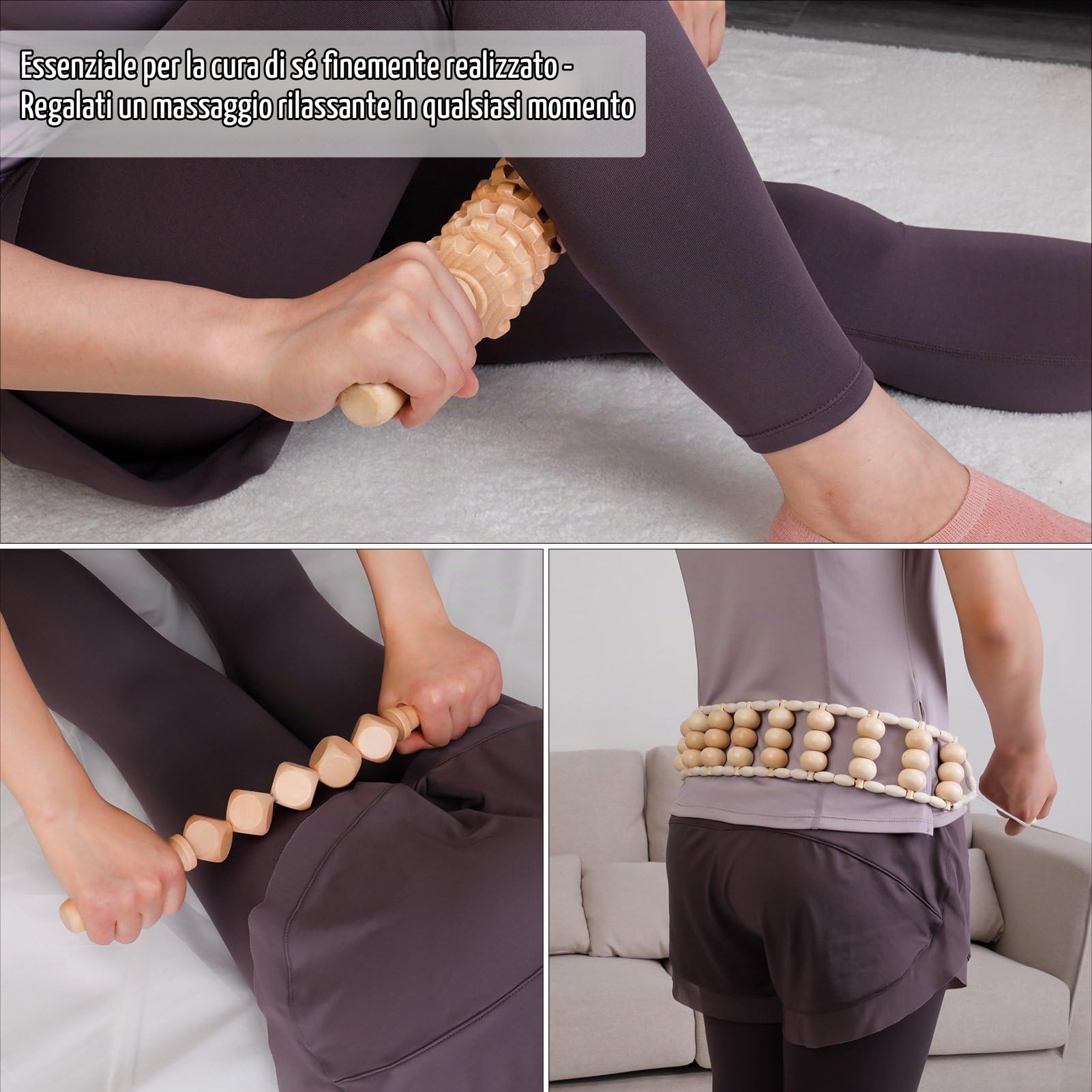 Set di 7 Pezzi per Massaggio in Legno Terapia con Gua Sha - Strumenti per Modellamento Corporeo, Sollievo Dolore Muscolare, Drenaggio Linfatico e Anti-Cellulite