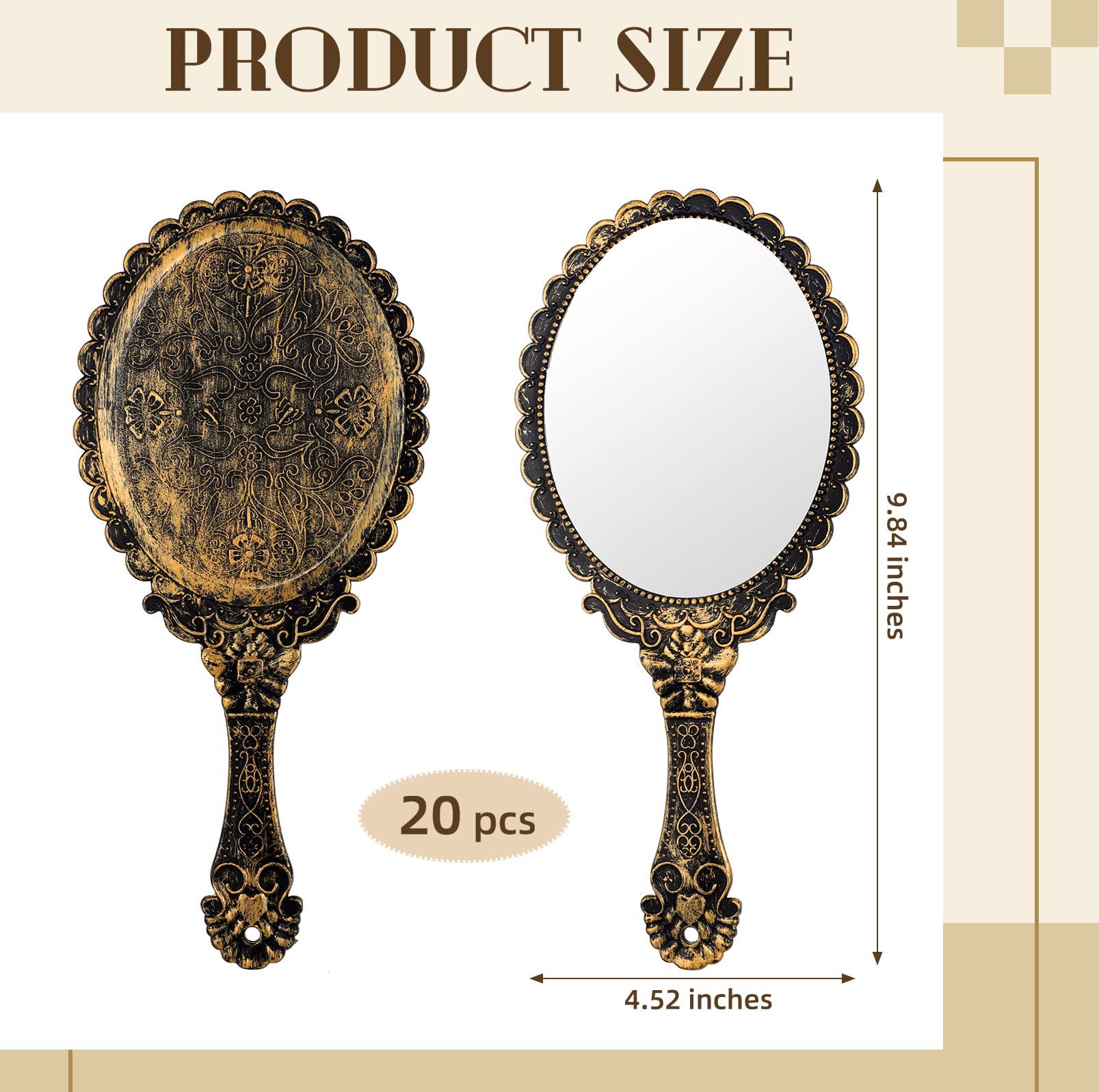 Specchio portatile vintage a mano, 20 pezzi, specchio a mano vintage in rilievo floreale retrò con manico compatto specchio trucco per donne ragazze e ragazze trucco viaggio (vintage)