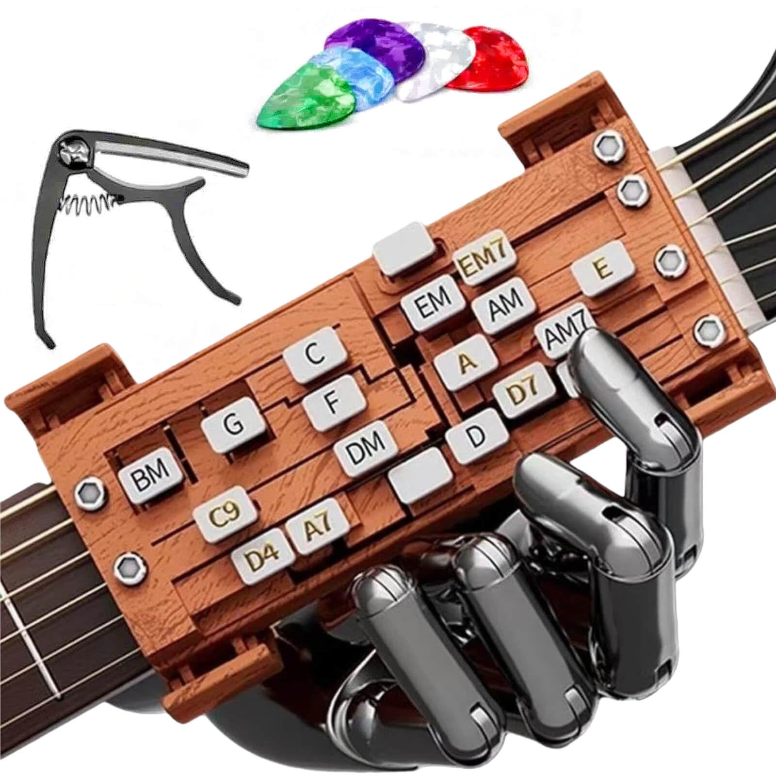 [Advanced] Guitar Chord Presser for Beginners Finger Strength Training Tool for Acoustic Guitar Portable Chord Trainer to Reduce Finger Pain & Improve Chord Transitions Easy Practice Aid (Brown A)