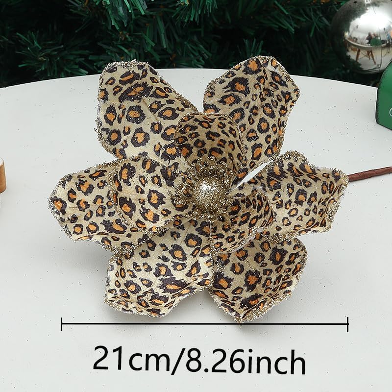 8 Pcs Christmas Magnolia Flowers Leopard Print Christmas Flowers Glitter Artificial Leopard Magnolia Flower Fake Poinsettias Magnolia with Stem for Wreath DIY Xmas Tree Holiday Party Supplies (White)