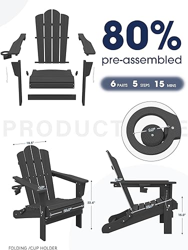 Vista 139 de KINGYES - Silla Adirondack plegable, sillas de patio de polietileno de alta densidad para todo tipo de clima, silla de césped con textura de madera
