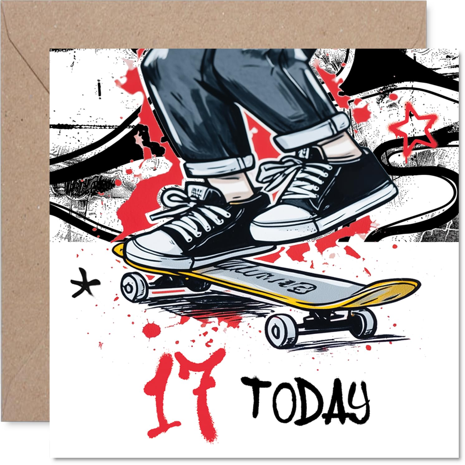 Playful 17th Birthday Card - Skate into Your Seventeenth - Bold Skateboarder Artwork Bursts with Youthful Energy - 145mm Square, Envelope Included