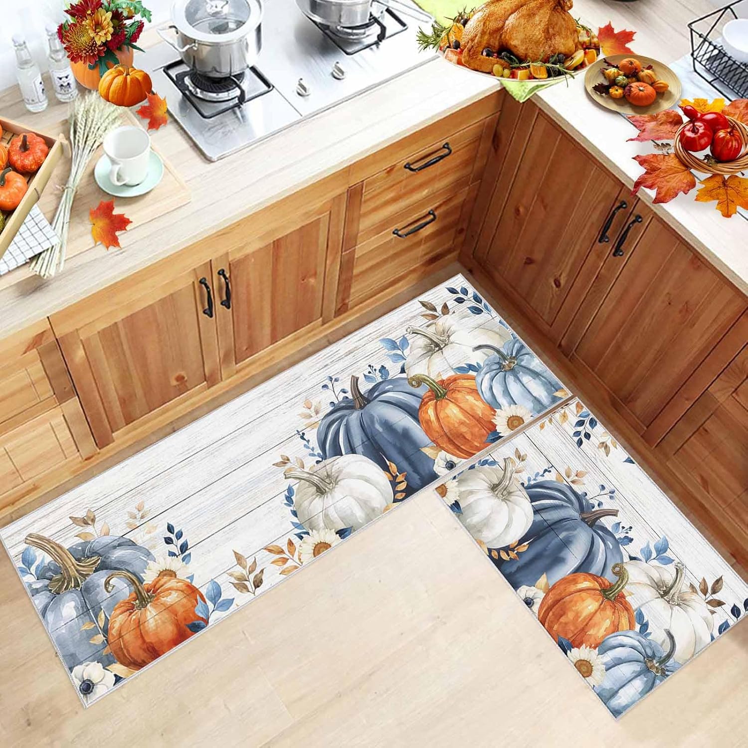 Fall Blue Pumpkin Kitchen Rugs 2Pcs Autumn Blue Orange Eucalyptus Leaves Thanksgiving Absorbent Non Slip Kitchen Mats and Rugs Wood Grain Kitchen Floor Mats for Sink Laundry 15.7x23.6in+15.7x47.2in