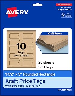Avery® Printable Rounded Rectangle Price Tags, Sure Feed® Technology, 1-1/2" x 3", Matte Kraft Brown Cardstock, Print-to-The-Edge, Laser/Inkjet Printable, 250 Total