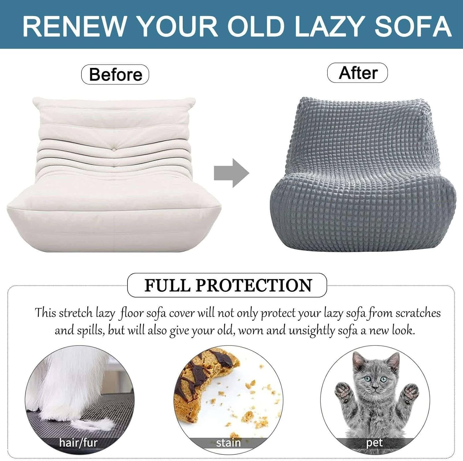Fireside Chair Cover Armless Sofa Cover Lazy Floor Armless Chair Slipcover, Folding Sofa Bed Cover Non-Armrest Furniture Protector Without Armrests for Kids Dog Cat(Silver Gray)