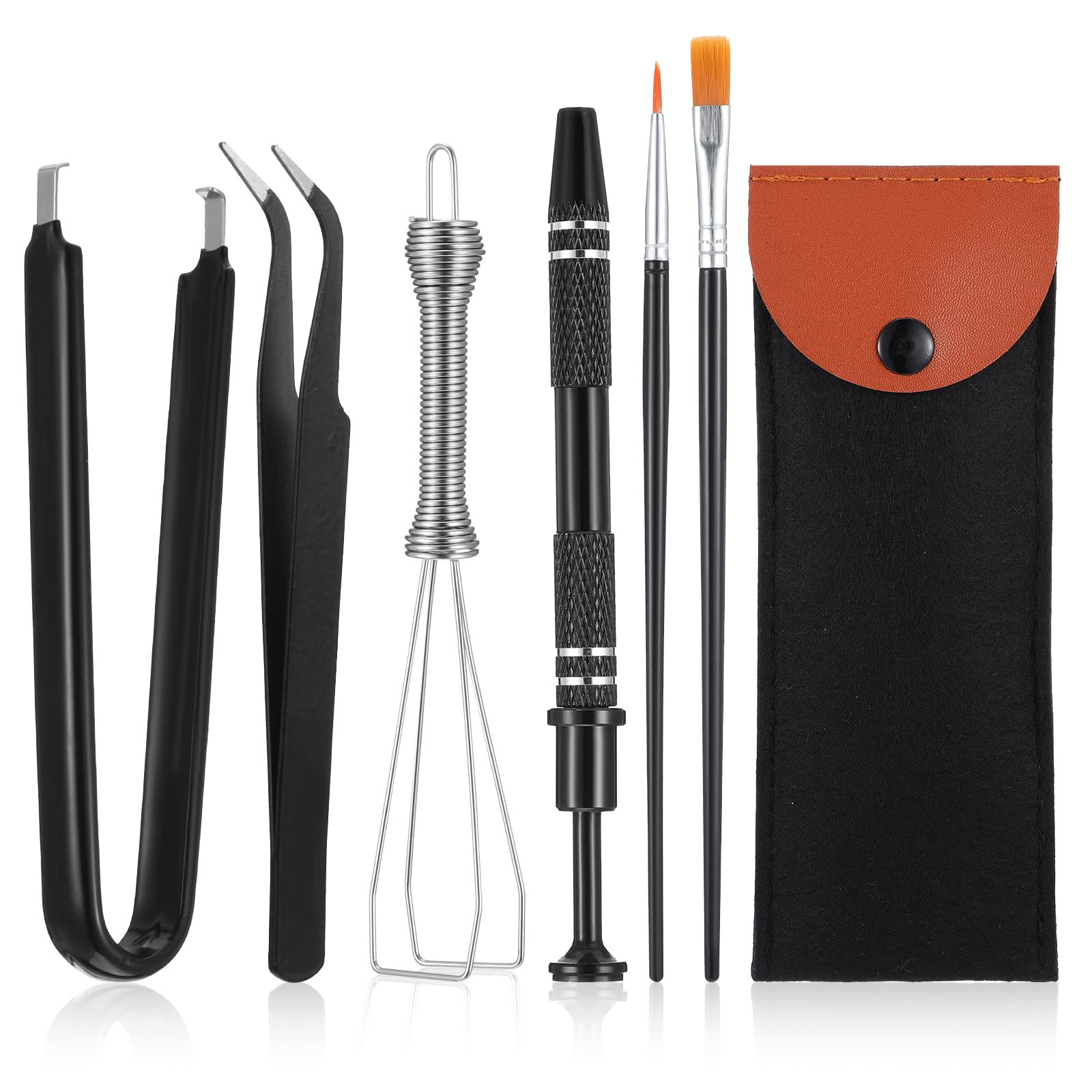 JJUNW Keyboard Remover Tool Kit-6-Piece Set, Keycap Puller, Switch Puller, Lubricating Pen, Cleaning Brush, Tweezers, 4-Jaw Gripper, and Key Cap Puller for Mechanical Keyboards with Black Felt Bag