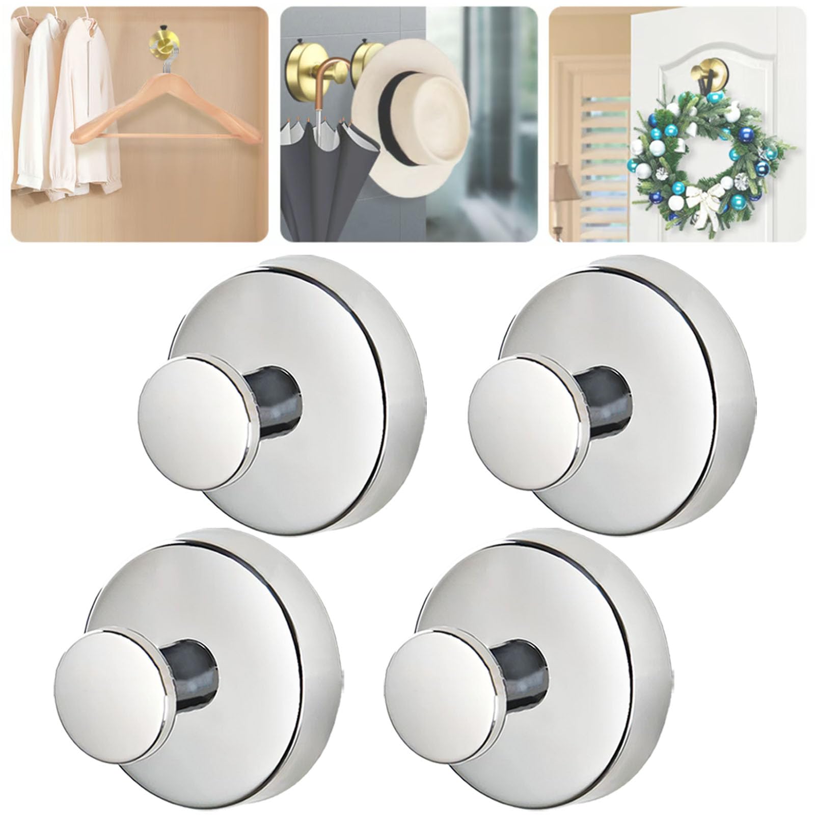 Suction Cup Hooks for Wreaths on Glass Door, Wood Door, Front Door, Sturdy Wreath Hook Heavy Duty, Hanging up to 15 lbs, Waterproof Rustproof No-Drill Hanger for Shower, Bathroom (4pcs,Silver A)