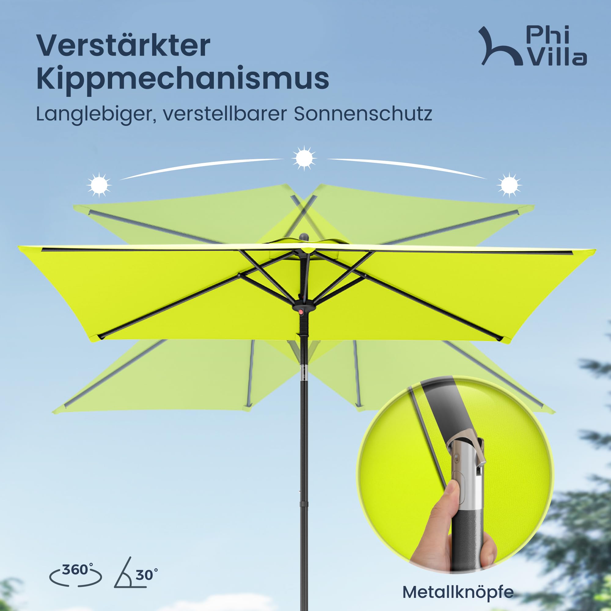 PHI VILLA Ombrellone rettangolare da giardino, 210 x 140 x 220 cm, con morsetto, inclinabile, antivento, stabile da trasportare, protezione UV50+, per balcone, terrazza, ringhiera, tavolo