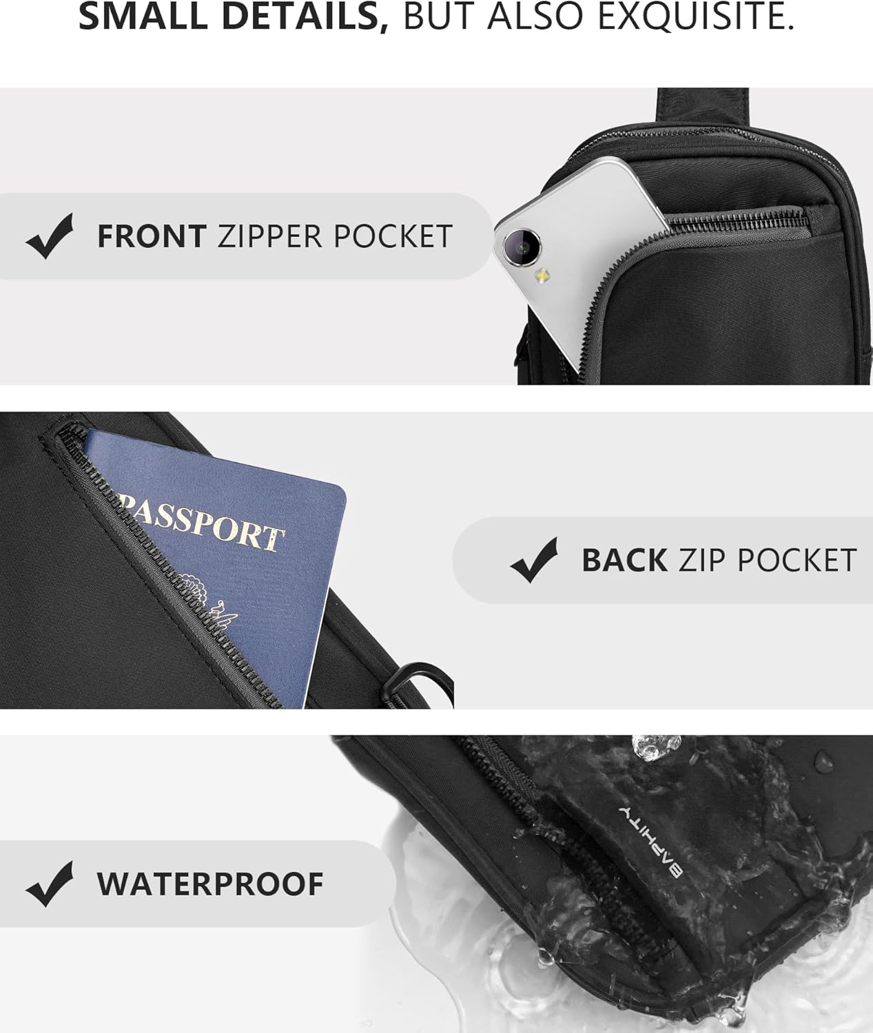 BAPHITY Small Sling Bag for Women and Men, Crossbody Bag Trendy, Fanny Packs Purses Chest Bag for Travel - Black - Image 5