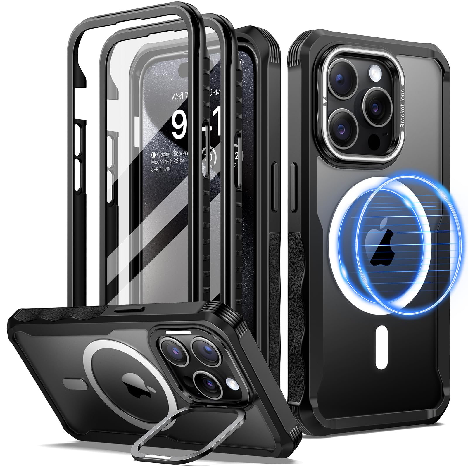 seacosmo für iPhone 15 Pro Max Hülle mit 2 Vorderseite (mit Hartglas Displayschutz + ohne Displayschutz)& Kickstand,360 Grad Handyhülle Kompatibel mit MagSafe, Ganzkörper Stoßfeste Case - Schwarz