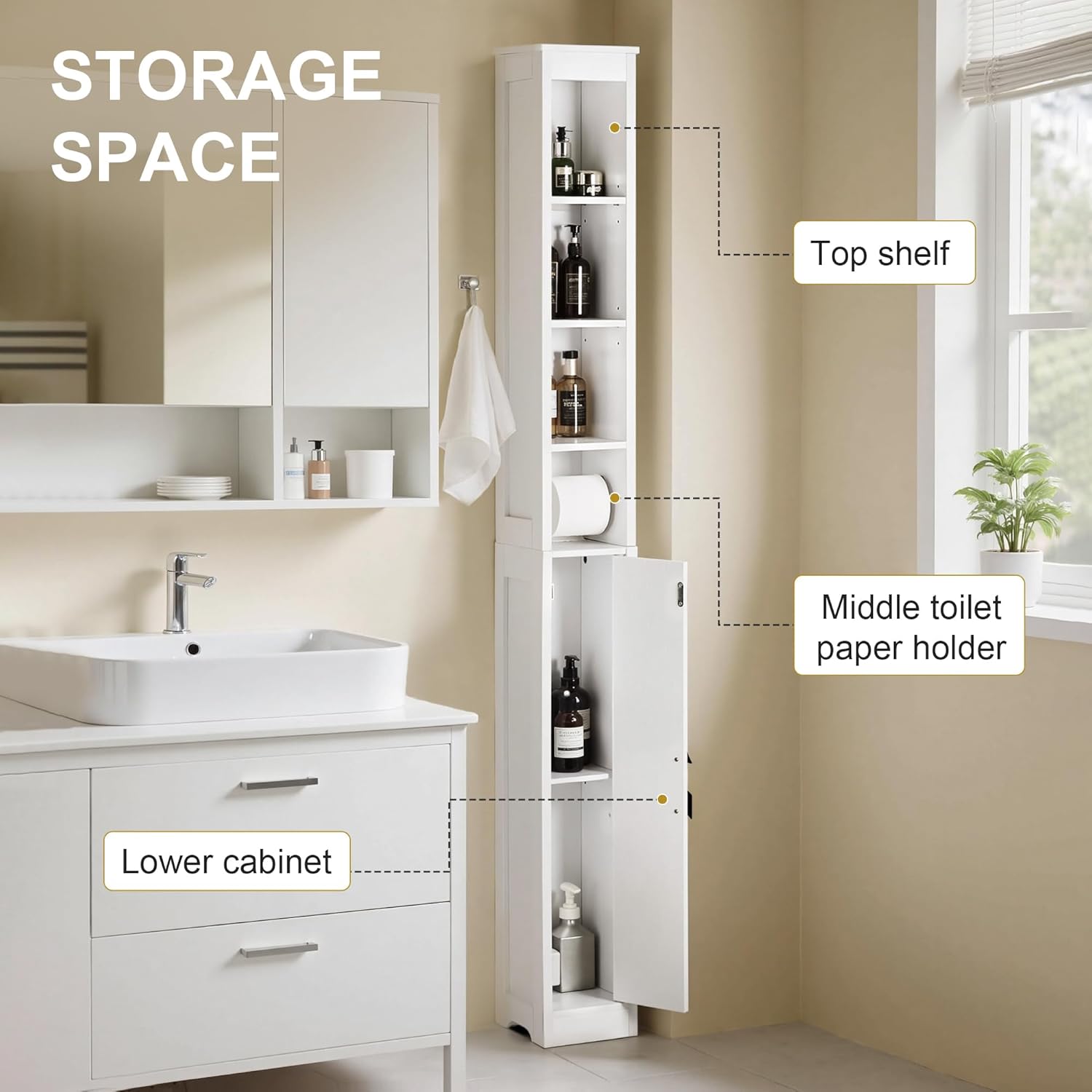 VECELO Storage Cabinet, 71" Tall Narrow Bathroom Cabinet with Adjustable Shelves, Toilet Paper Holder, Magnetic Door, for Small Spaces, Pearl White