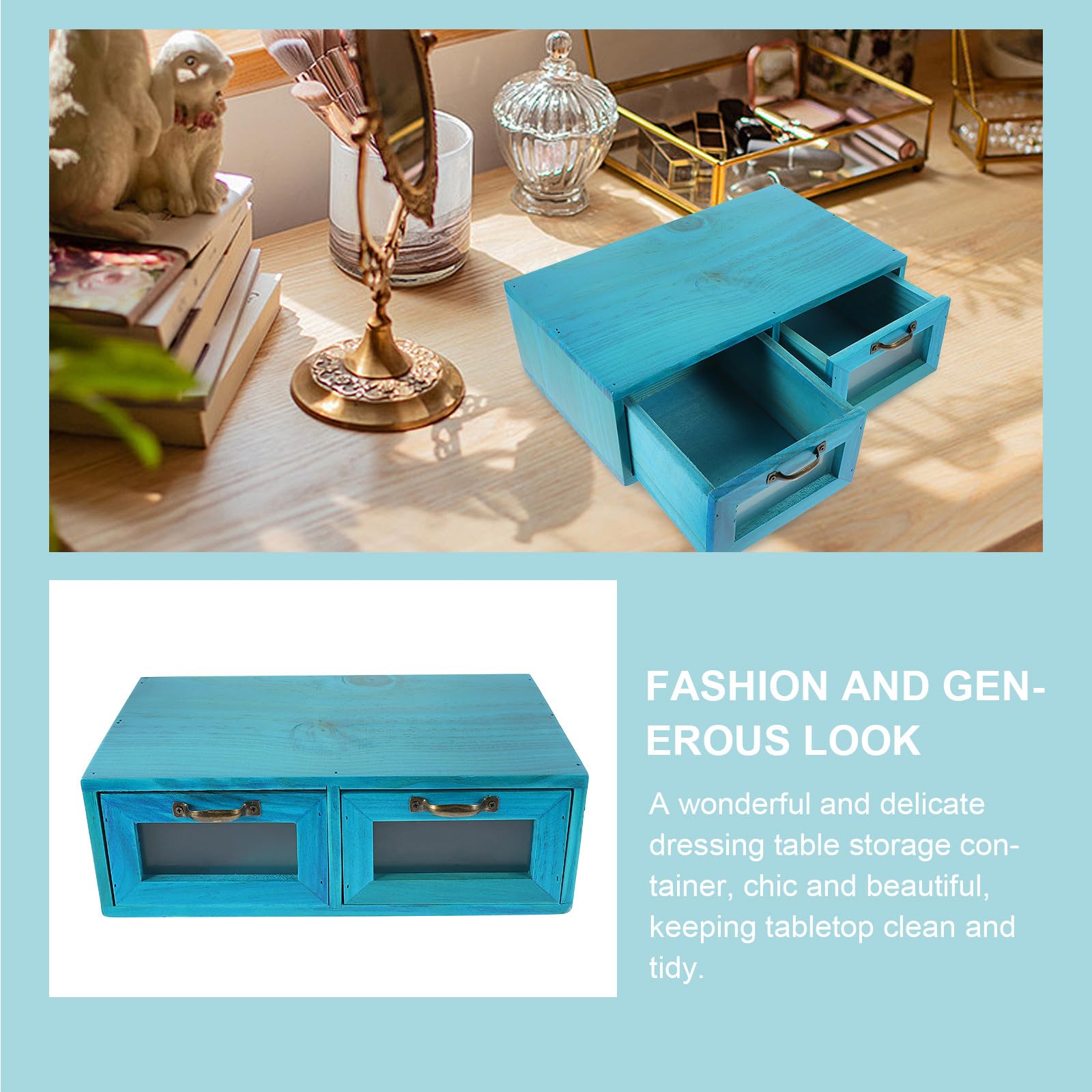 Organizador de Madera para Escritorio 2 Cajones Gabinete Pequeño Azul Mediterráneo Estante de Almacenamiento Multifuncional para Maquillaje y Artículos Diversos Soporte Estable