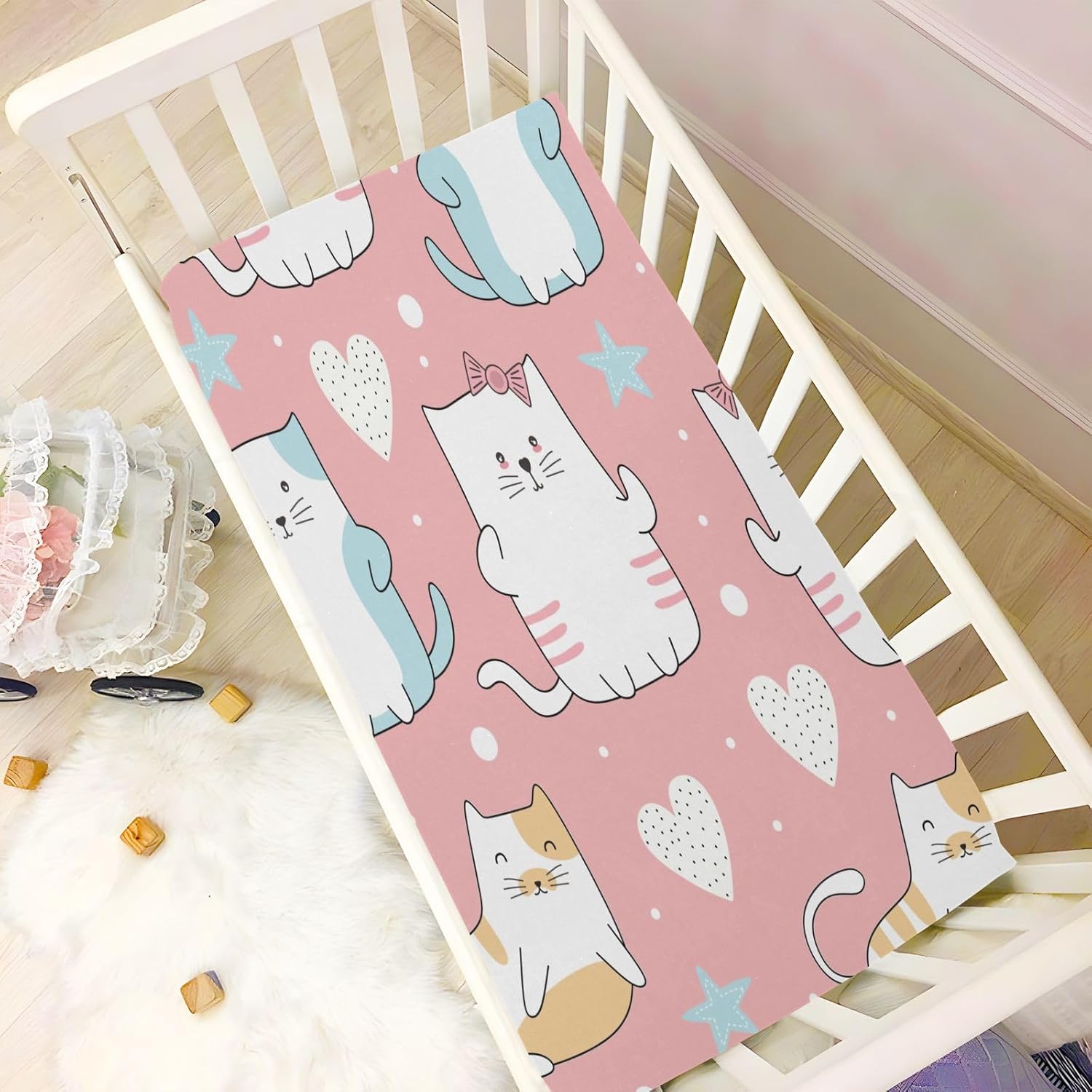 Cute Cat Crib Sheets Stretchy Portable Sheets for Baby Toddler Breathable Soft Crib Mattress Sheet for Girls Boys