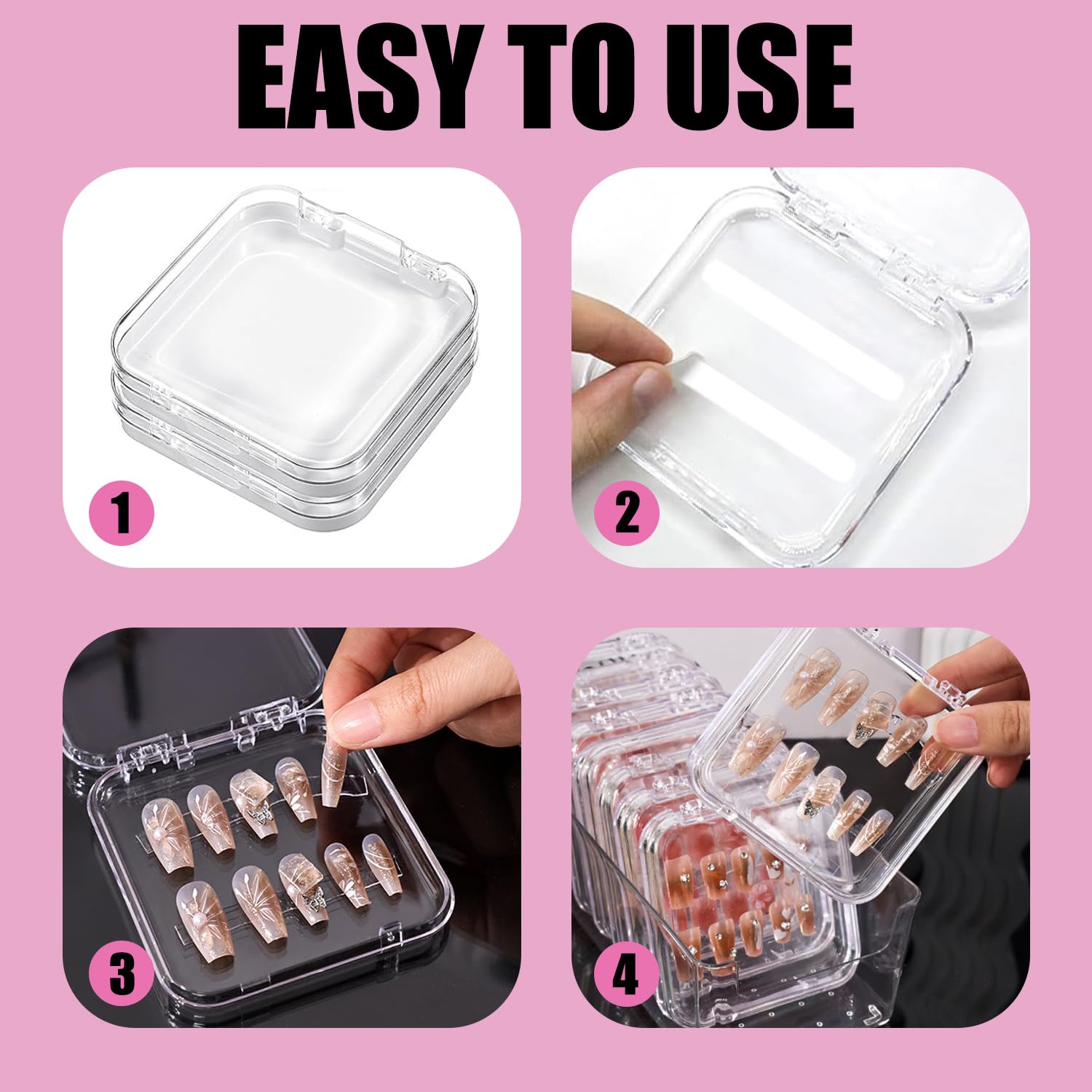 8 Pièces Boîtes de Rangement pour Ongles, avec 30 Rubans Adhésifs Double Face, Boîte Rangement Transparente, Présentoir pour Presse à Ongles, pour Nail Art Portable