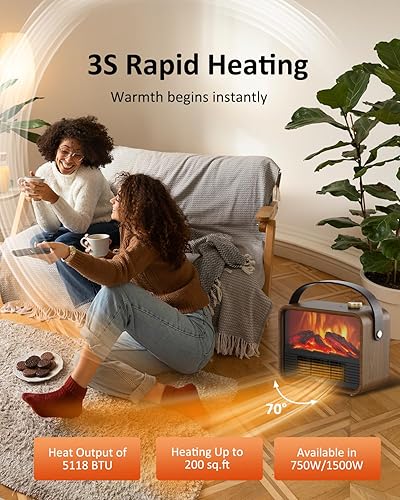 Miniatura 5 de Shinic Calentador eléctrico portátil pequeño para chimenea, 1500 W750 W, calentador de espacio para interiores con llama 3D, protección contra