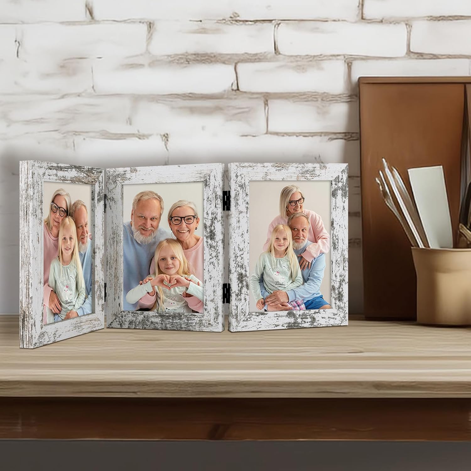 Frametory, 5x7 Triple Picture Frames 3 Photo Frames Collage - Real Glass - Engineered Wood Triple Folding Frame - Tabletop Vertical Display (Distressed White, 2 Pack)