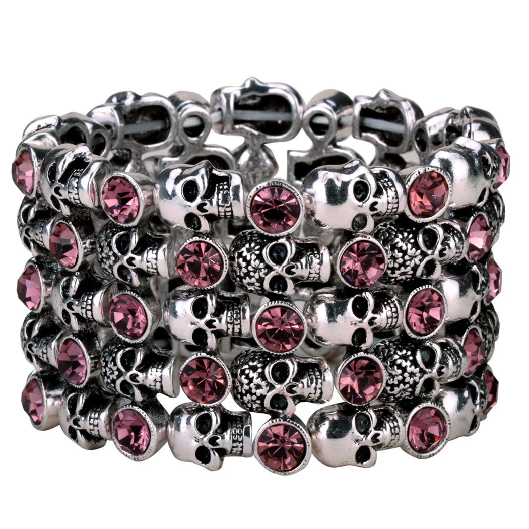 YACQYACQ Women's Skull Stretch Cuff Bracelets - Elastic Band Fit Wrist 7 to 8 inch - Lead & Nickle Free - Women Biker Jewelry