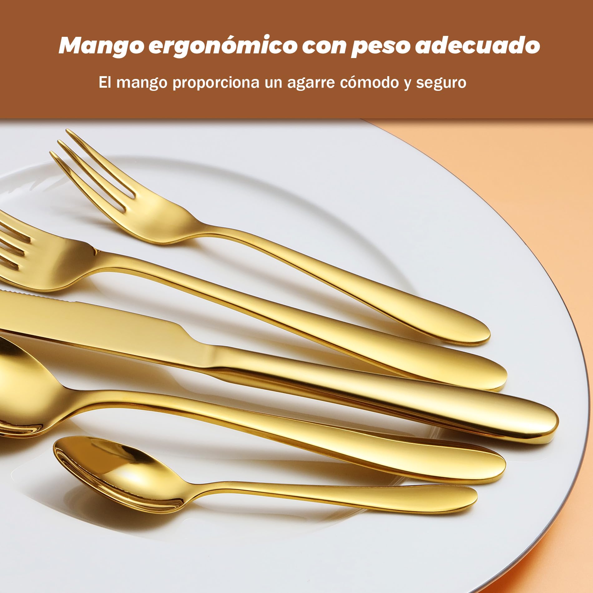 cuberterias dorados completas 6 personas, juego de cubiertos | 30 piezas, acabado espejo, dorada, premium cubiertos acero inoxidable, cuchillo cuchara tenedor, familia/fiesta/hotel