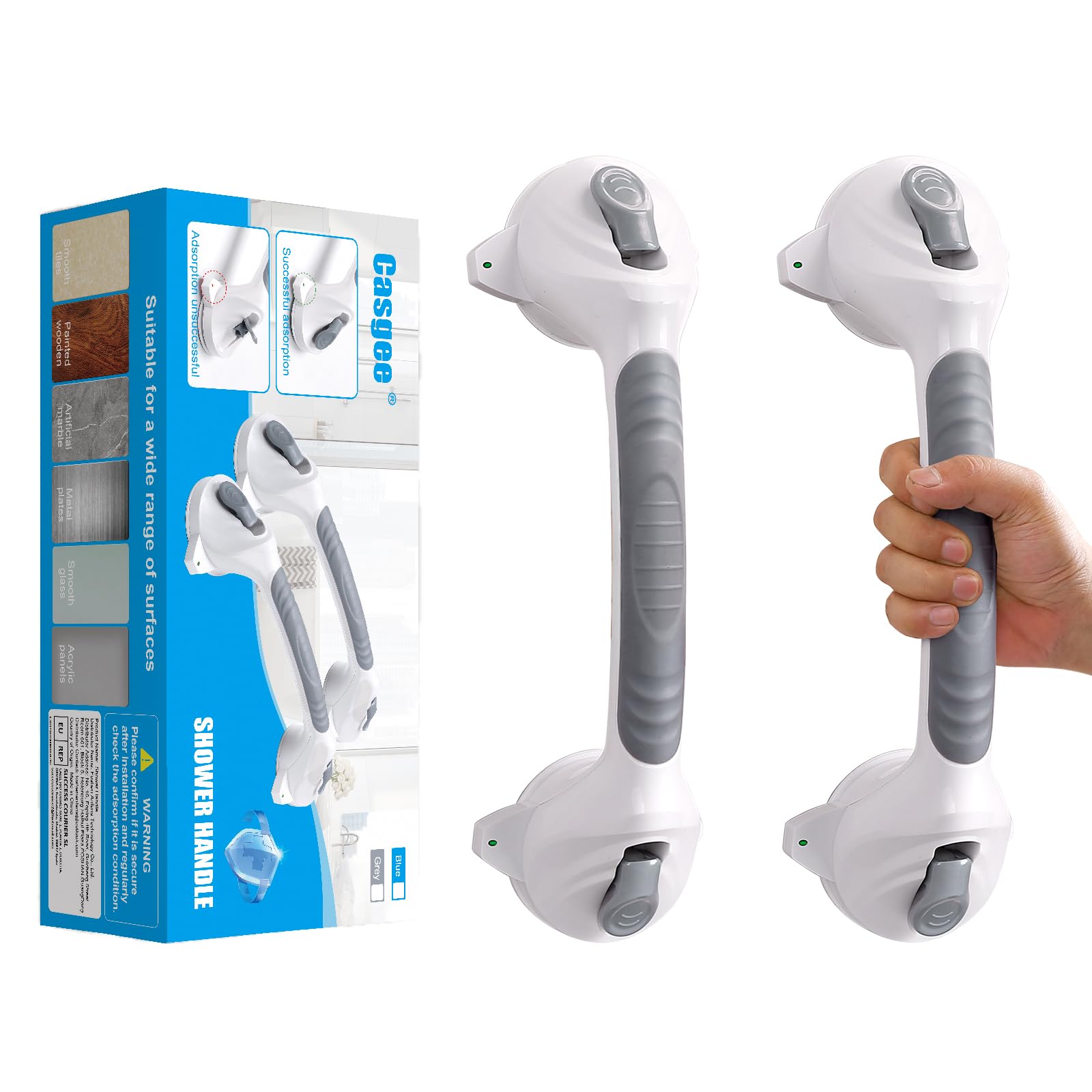 2* maniglie per doccia senza fori, 38 cm, per anziani, con ventosa fino a 110 kg, maniglia per vasca da bagno con allarme di aspirazione, maniglia portatile per doccia scivolo, grigio