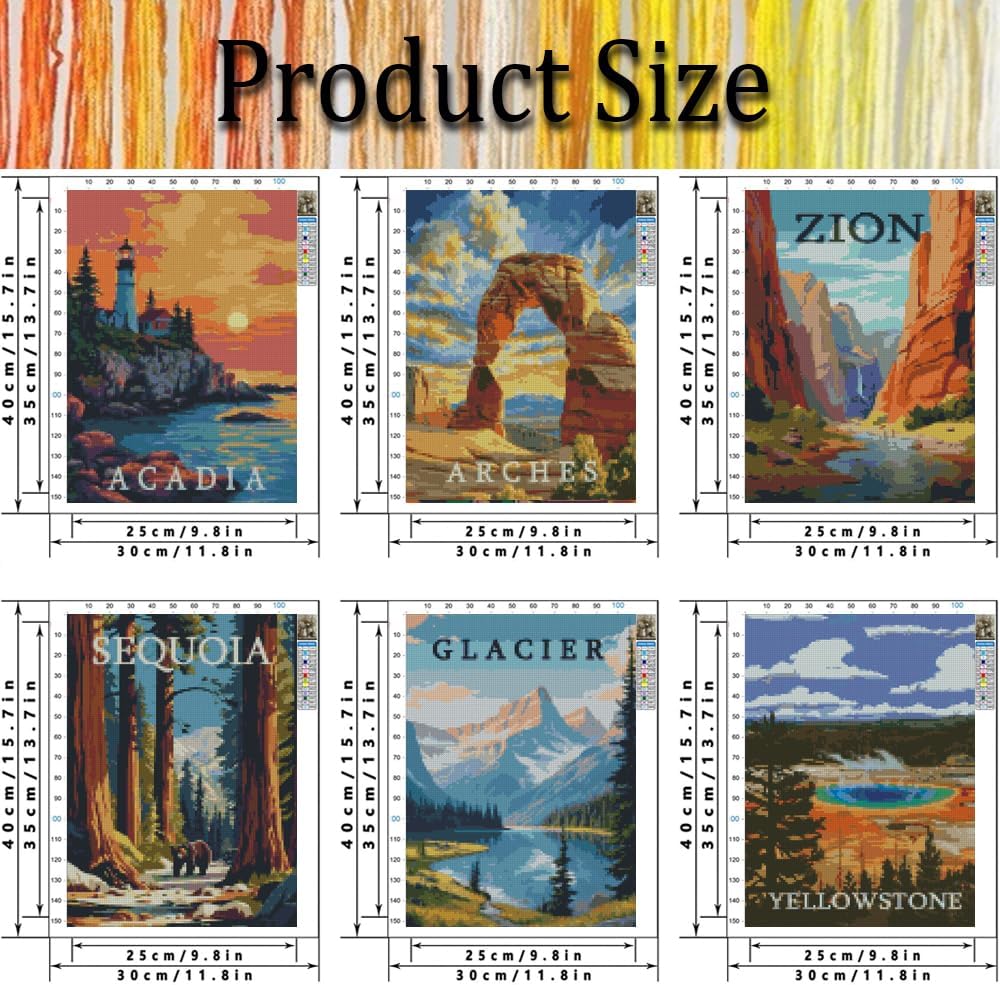 6 Pack Stamped Cross Stitch Kits for Adults - Cross Stitch Kits for Beginners,11 CT National Park Cross Stitch Patterns Dimensions DIY Counted Cross Stitch Kits for Adults Arts Craft 12x16 inch
