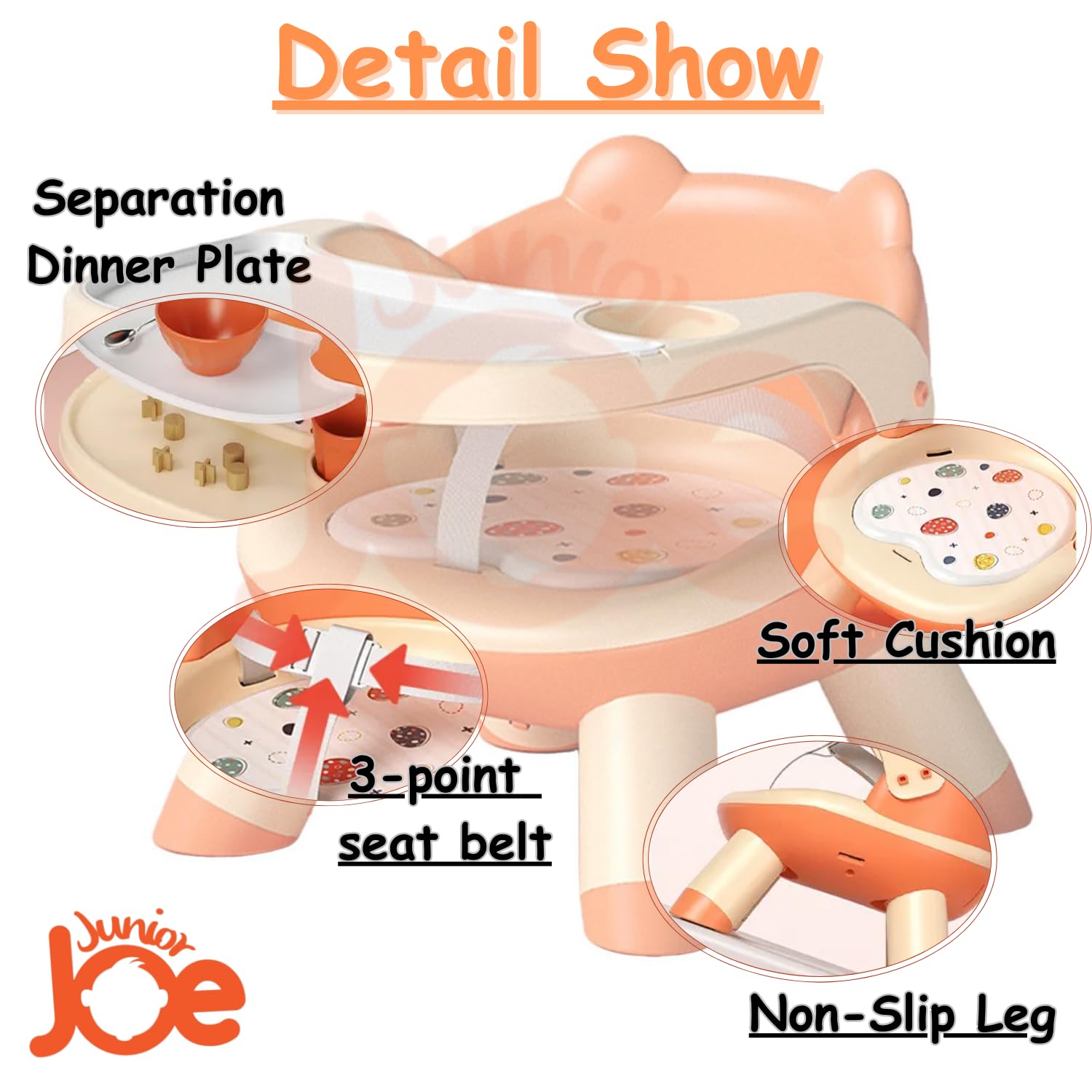 JUNIOR JOE 2 in 1 Feeding Chair & Booster Seat with Detachable Dining Food Tray and PU Cushion pad 4 Leg Dining Chair for Kids and Toddler (Orange-1-2 Year Old) 1