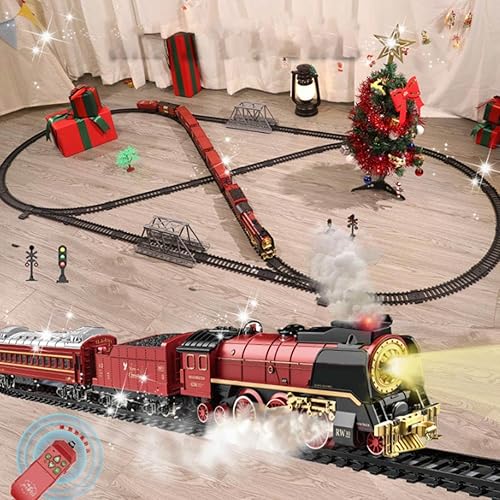 Miniatura 2 de Juego de tren vintage, tren a control remoto con luz, vapor y humo, modelo de locomotora eléctrica de árbol de Navidad con pista ovalada y carro