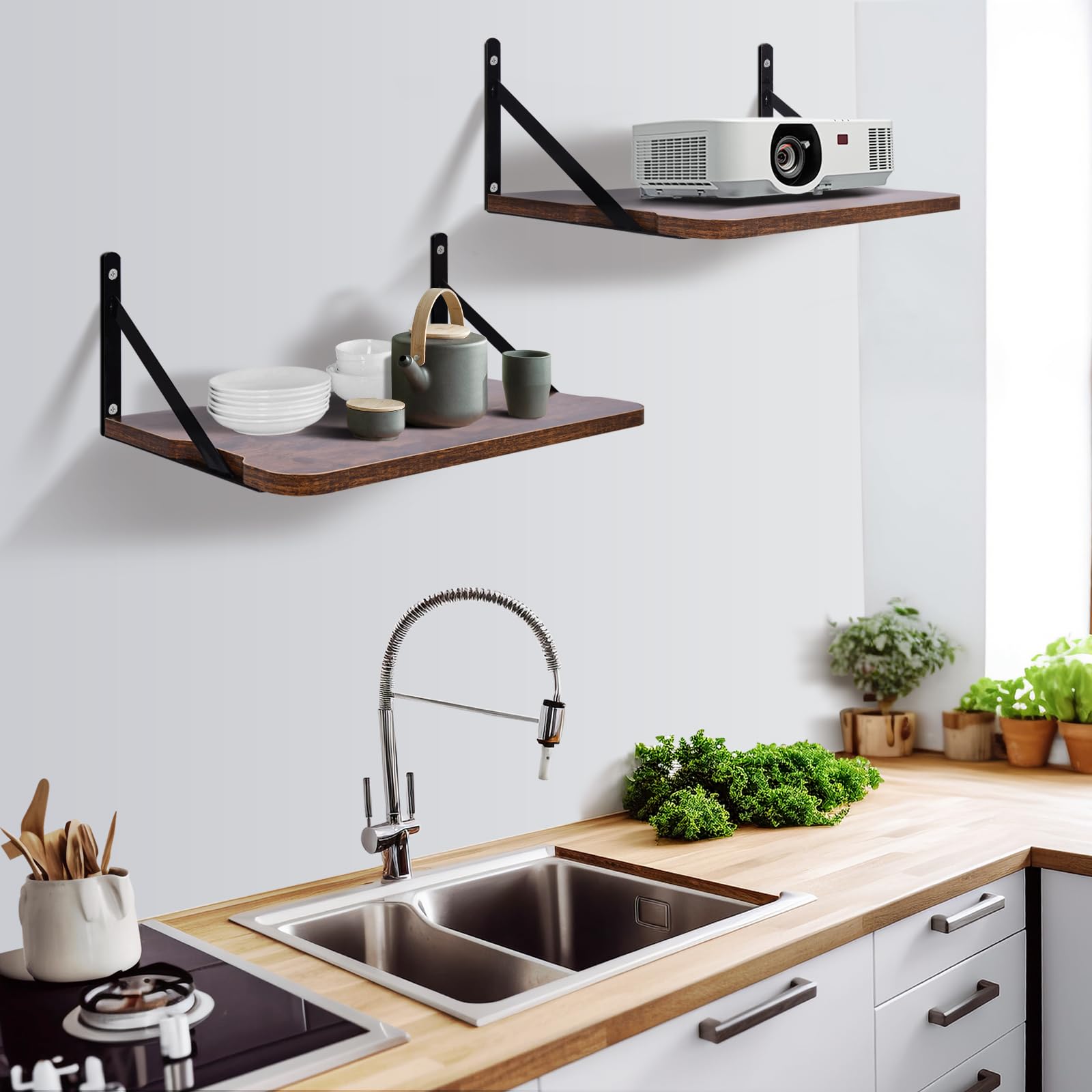 Mensola per proiettore, 41,1 x 27,9 cm (lunghezza x larghezza), mensola galleggiante, supporto per router e modem, montaggio a parete, in legno e metallo, 1 ripiano, stile retrò, resistente
