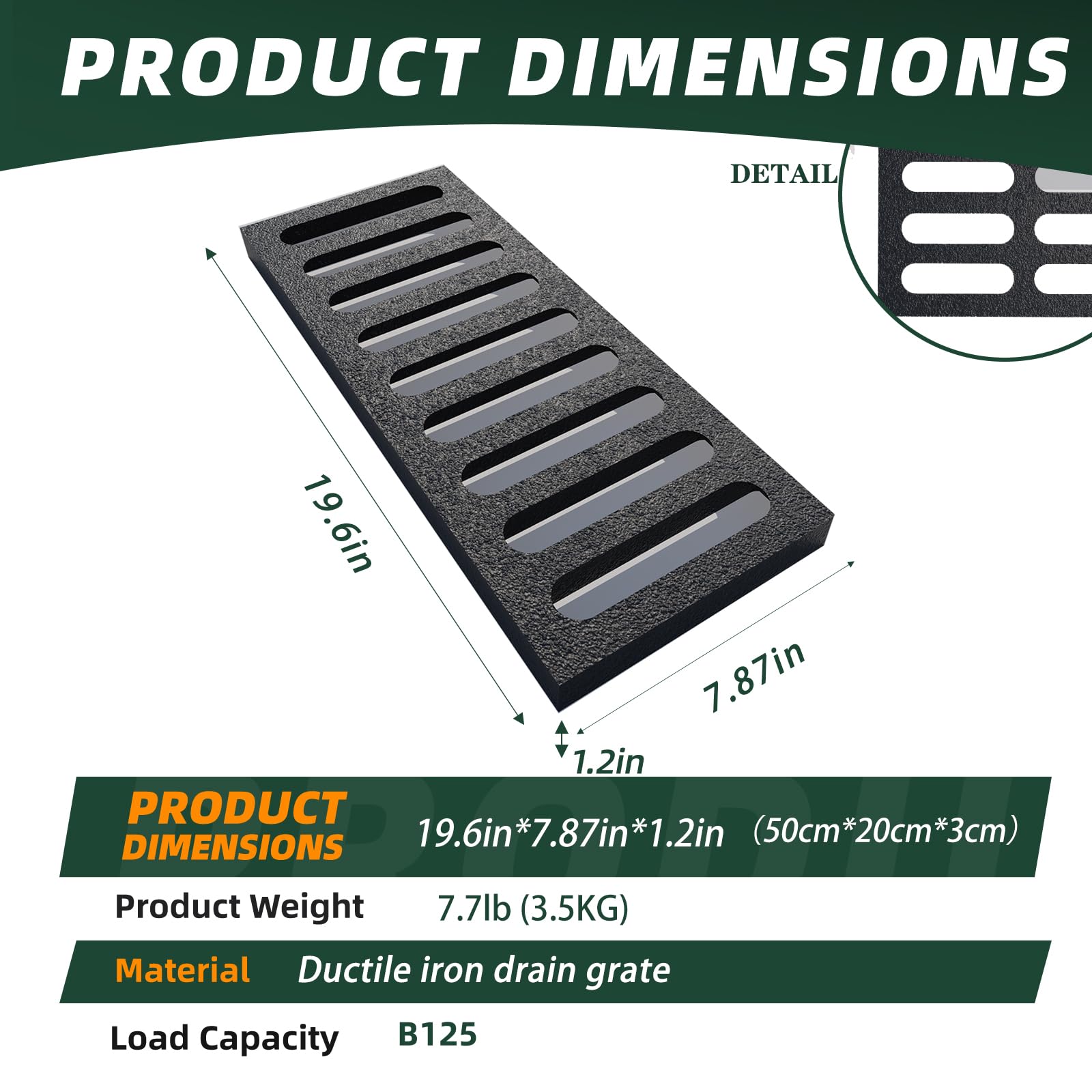 Cast Iron Drain Grate, 8 * 20in Outdoor Drain Cover, Heavy Duty B125 Class Channel Grate, Black Rectangle Drainage Grate, Metal Sewer Grate for Concrete Floor, Yard, Driveway & Garage.