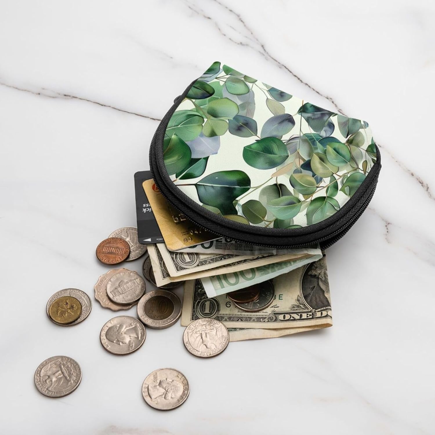 Green Eucalyptus Leaves Printed Coin Purse for Women Cute Small Change Wallet Mini Coin Purses Pouch with Zipper