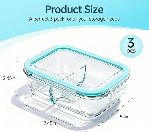 Miniatura 6 de Paquete de 3 recipientes de vidrio para aperitivos, recipientes de vidrio con tapas herméticas, sin fugas, contenedor pequeño de almacenamiento de