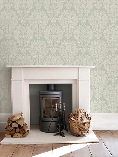 Miniatura 4 de Simple Shapes Papel tapiz clásico de damasco, despegar y pegar (hoja individual de 2 x 5 pies, verde salvia)