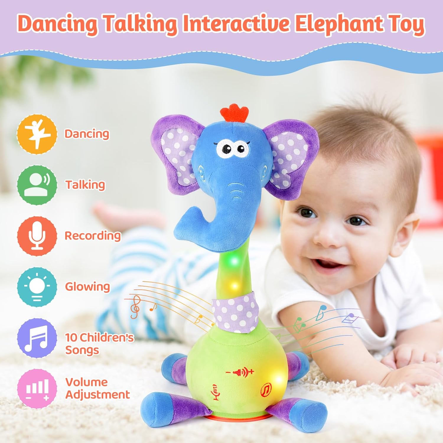 Dancing Talking Elephant Toy, Stuffed Animal Baby Toy Repeating What You Say, Easter Toys for Kids Glowing Musical Electronic with Wiggly Trunk Gifts for Toddlers 1-3 Years Old
