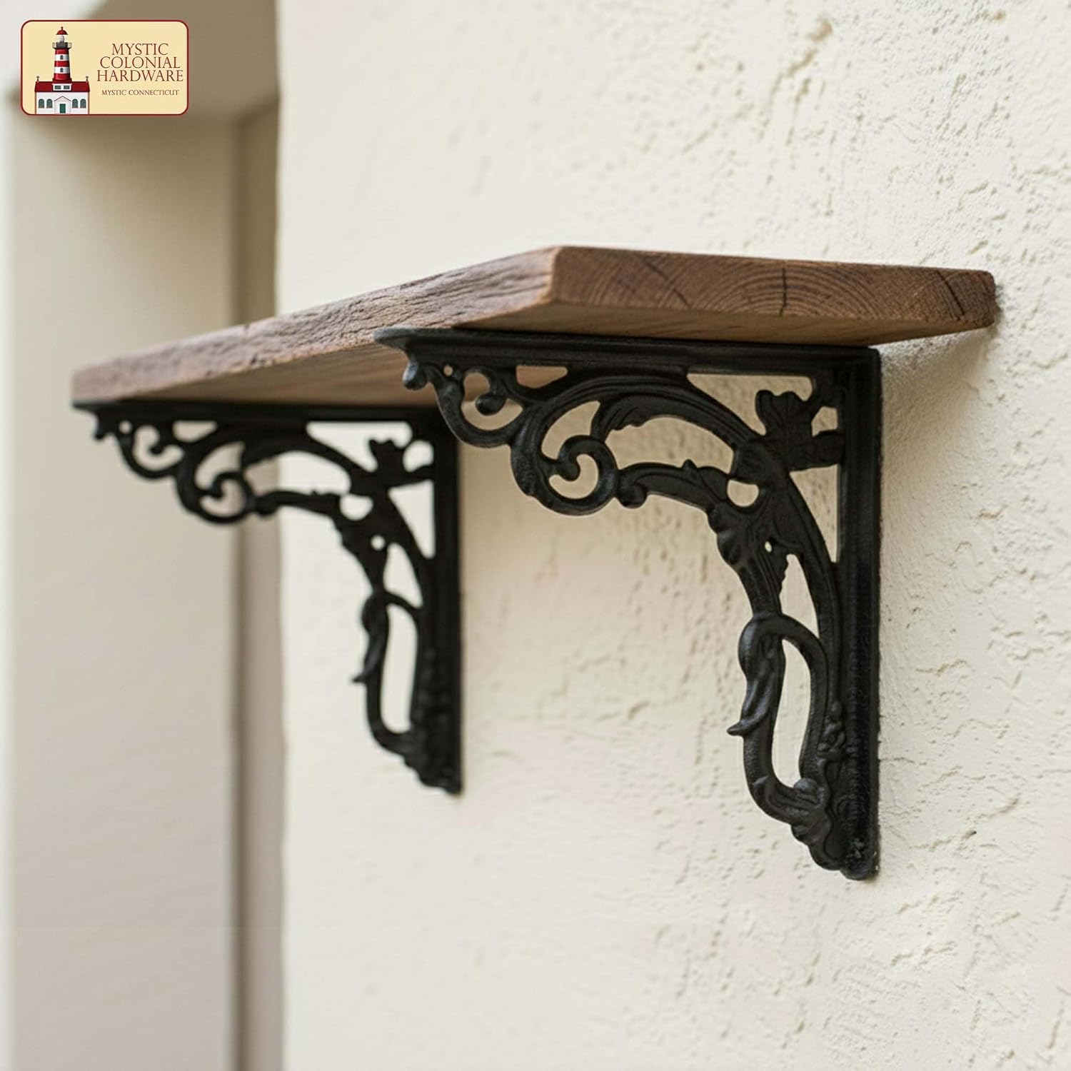 Mystic Colonial 9" x 7.5" Heavy Duty Cast Iron Shelf Brackets Decorative L-Shaped Black Wall Supports – Vintage Victorian, Gothic, Steampunk, Baroque & Farmhouse Style Hardware : Pack of 2