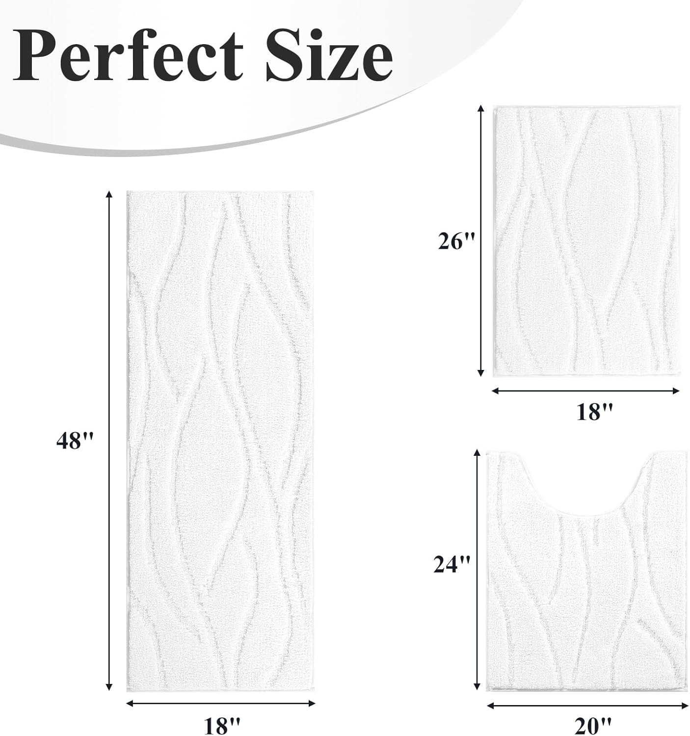 Bsmathom Bathroom Rugs Sets 3 Piece, Soft Non Slip Microfiber Bath Mat and U-Shaped Contour Toilet Rug, Machine Washable Absorbent Shaggy Bathroom Set, White