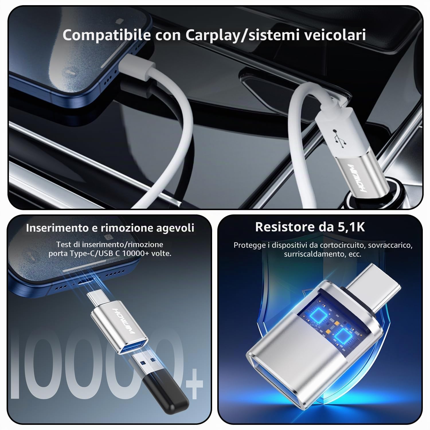 Adattatore da USB C a USB 2Pezzi,Ricarica Rapida 3A 100W,OTG 10Gbps Adattatore Type-C Maschio a USB3.2 Femmina per M-acBook Pro/Air Phone 17/16/15 Pad G-alaxy X-peria D-ell XPS S-urface Argento