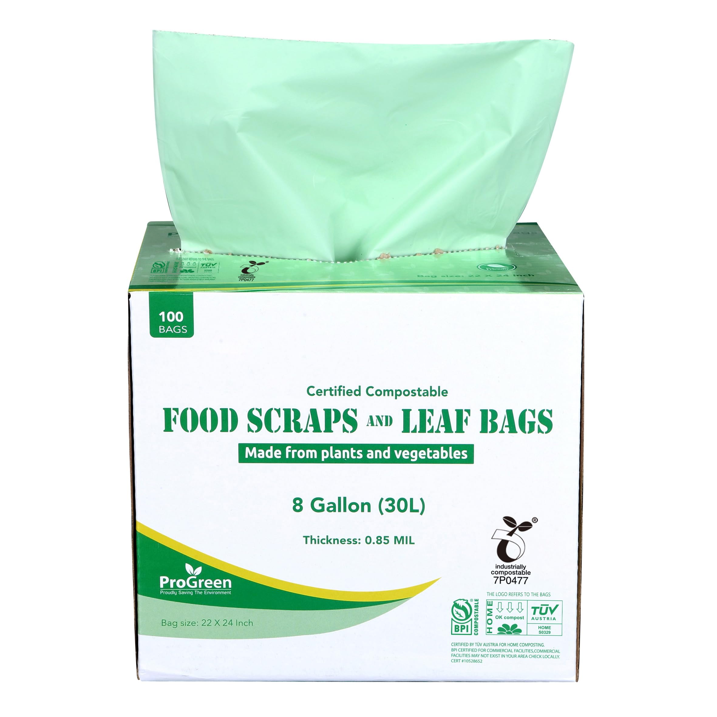 ProGreen Compostable Trash Bags, Extra Thick, Compost Kitchen Bin Bags, Food Scraps Yard Waste Bags, ASTM D6400 BPI and TÜV AUSTRIA Certified (8