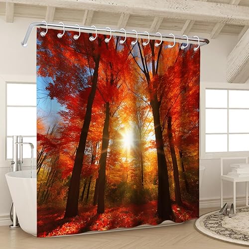 Miniatura 3 de Cortina de ducha de hojas de arce roja, rústica, estética, luz escénica, sol, otoño, moderno, bosque de árboles, naturaleza, juego de decoración de