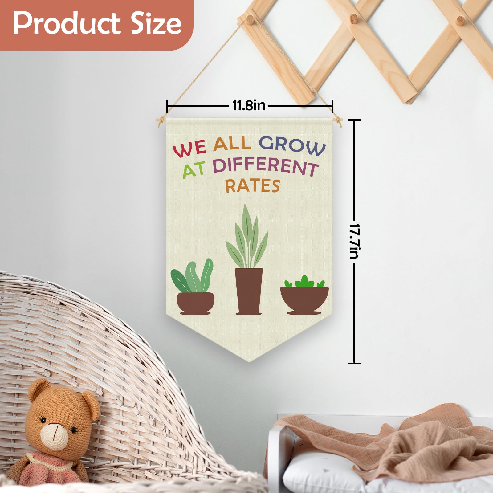 Boho Classroom Decorations Playroom Wall Decor Hanging Pennant Flag Banner Kids Room Decor Nature Plant Education Wall Art for Kids We All Grow at Different Rates Linen Cotton Flag