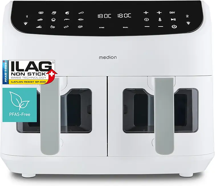 MEDION P20 XXL Heißluftfritteuse mit 2 Kammern (8,7 Liter, Airfryer, 2.600 Watt, Doppelkammer, 10 Automatikprogramme, 2 Schubladen, Sichtfenster, Dualer Airfryer, ILAG PFAS-frei, MD11760) matt weiß