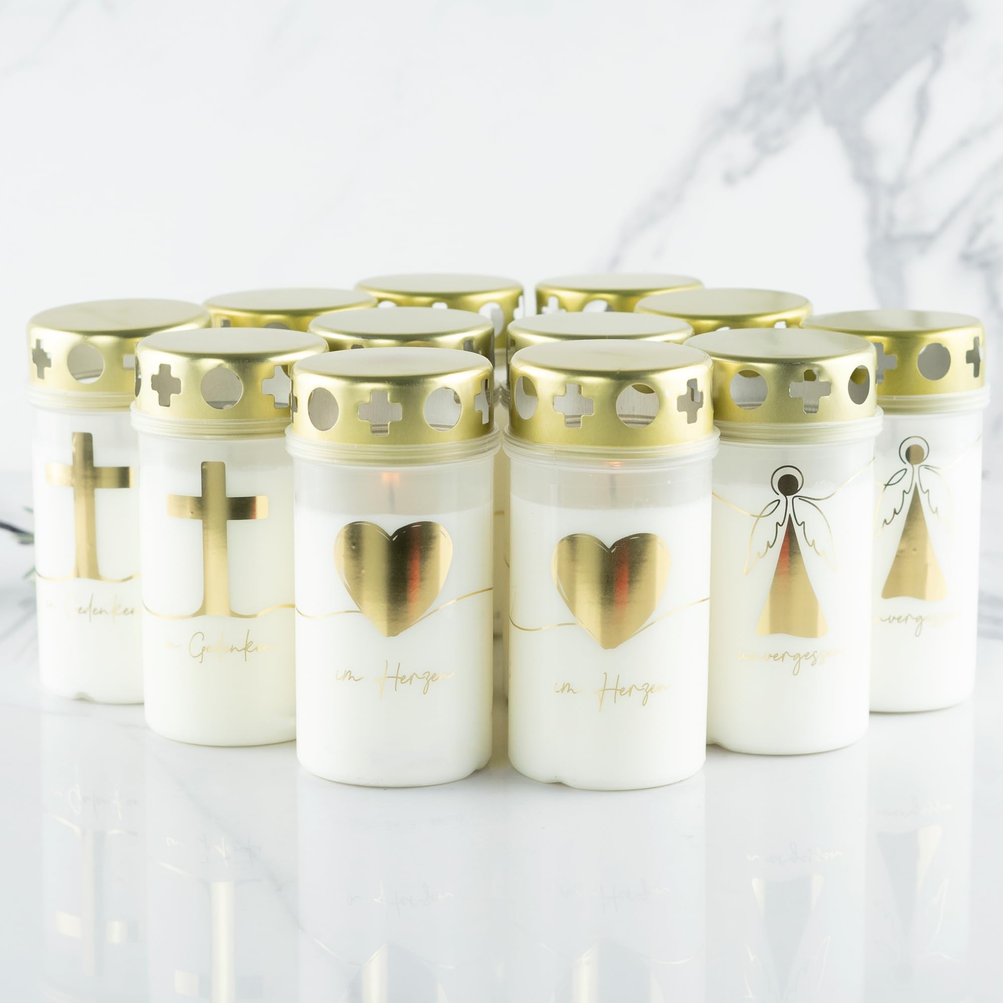 Set di 12 Candele a Forma di Fioriere Piccole - 46-54 Ore di Combustione - Con Coperchio e Motivo - Per Funebre
