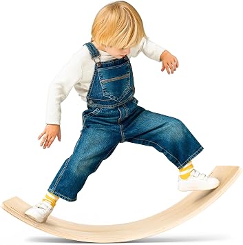 Wooden Wobble Board For Kids Slack Board Open-Ended Waldorf Learning Toy For Indoor Play, Balance Board For Adults | Core Balance Trainer Curvy Rocker Board for Yoga and Exercise Indoor, Montessori Toys