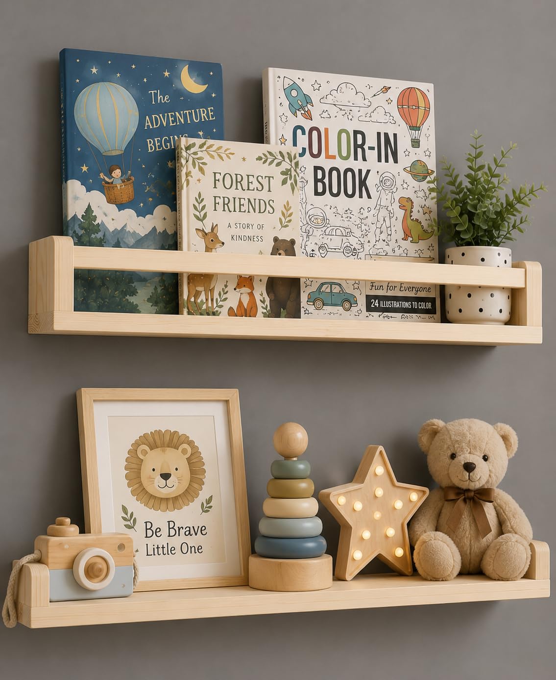 Nursery Floating Shelves for Wall, 40 cm Solid Pine Wood Kids Book Shelves, Wall Mounted Storage Rack for Books, Toys, Photos & Décor, Wooden Display Shelf for Bedroom & Living Room (40 cm - 2 PCS)-image-20